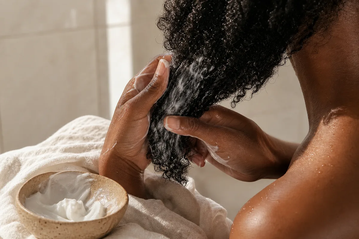 Mains appliquant un après-shampoing crémeux sur une longue mèche de cheveux crépus humides