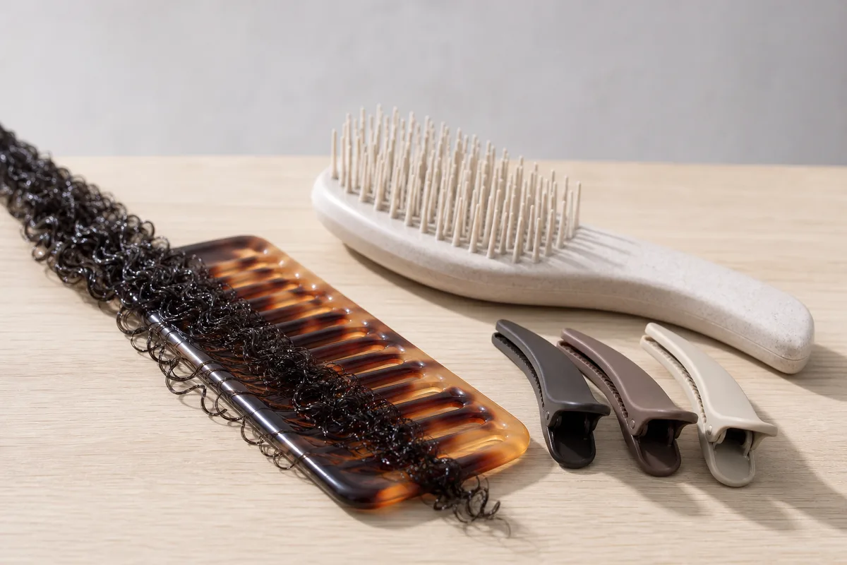 Peigne à dents larges posé sur une mèche de cheveux afro humide, gros plan sur les dents espacées