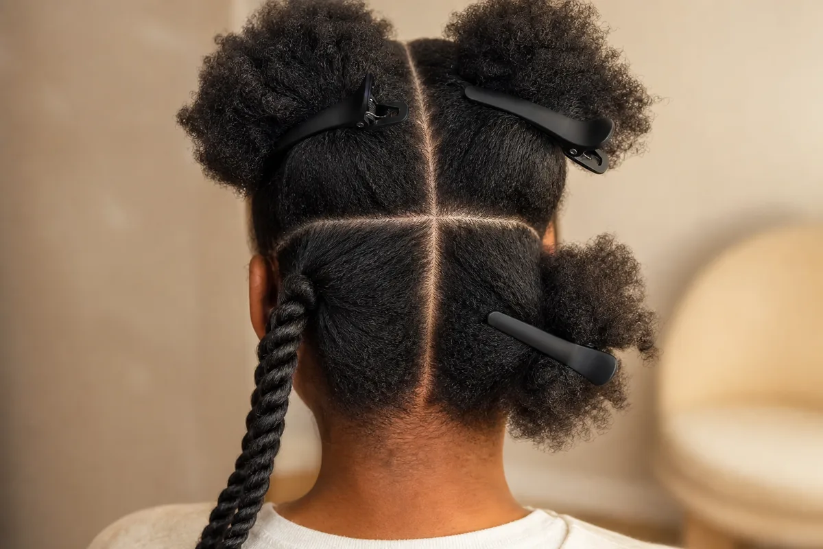 Sections de cheveux crépus tenues par des pinces crocodile sur une nuque vue de dos