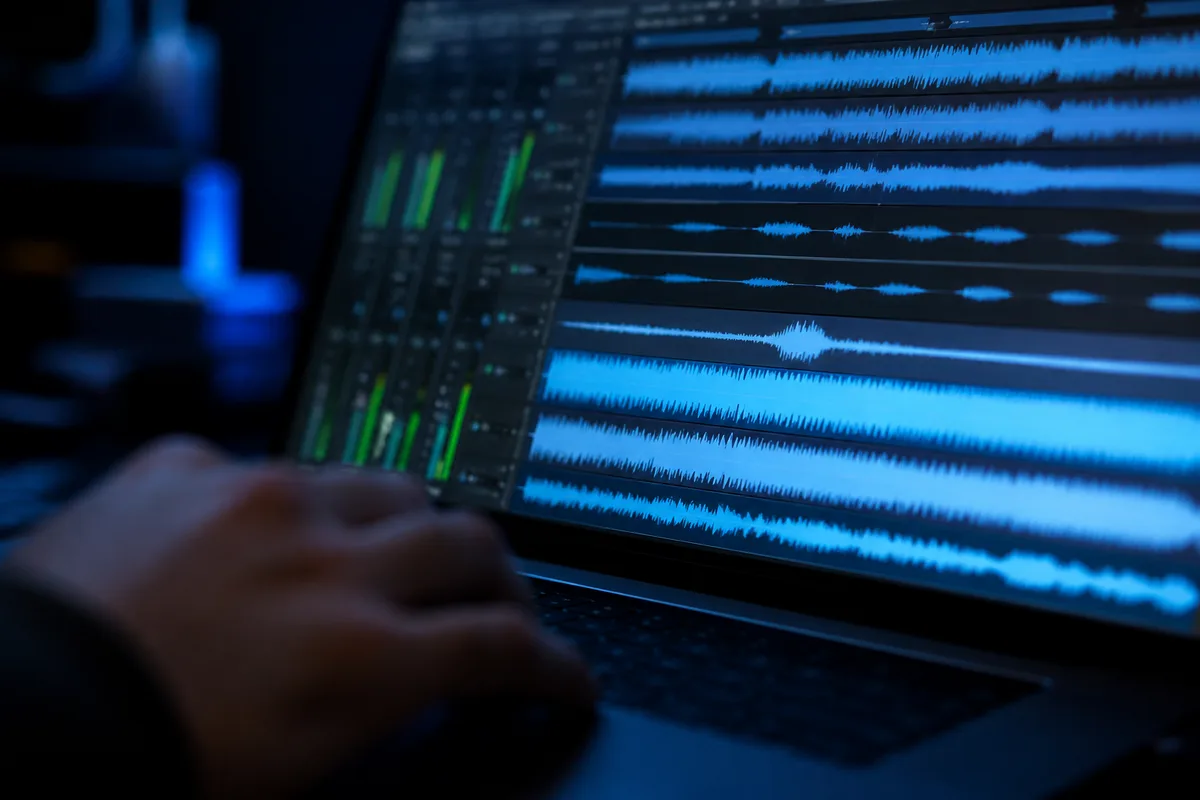 Écran d&rsquo;ordinateur affichant une session multipiste avec formes d&rsquo;onde et curseurs de gain