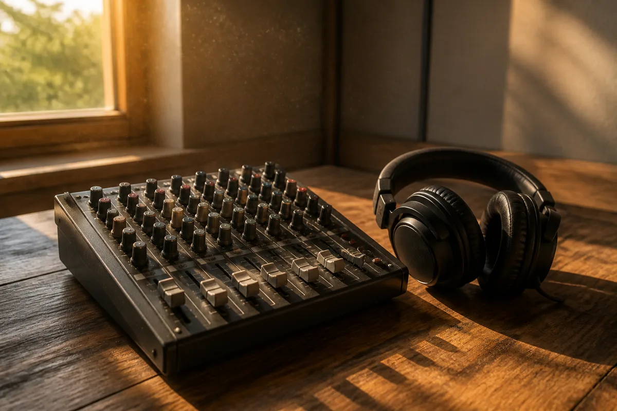 Table de mixage compacte et casque posés près d&rsquo;une fenêtre, lumière naturelle rasante
