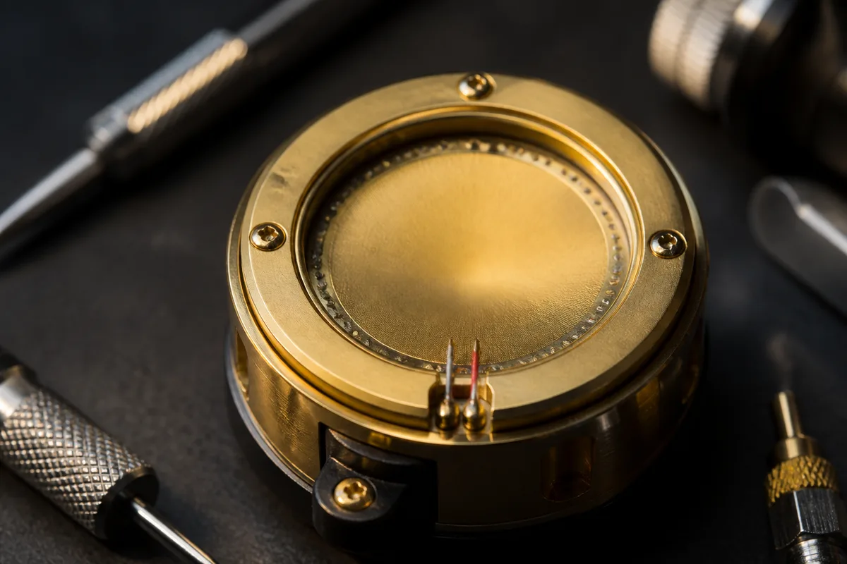 Gros plan sur une capsule de microphone a condensateur grille ouverte posee sur un etabli