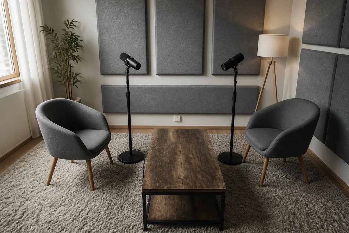 Deux microphones de studio sur pieds face a face dans une piece traitee avec panneaux acoustiques