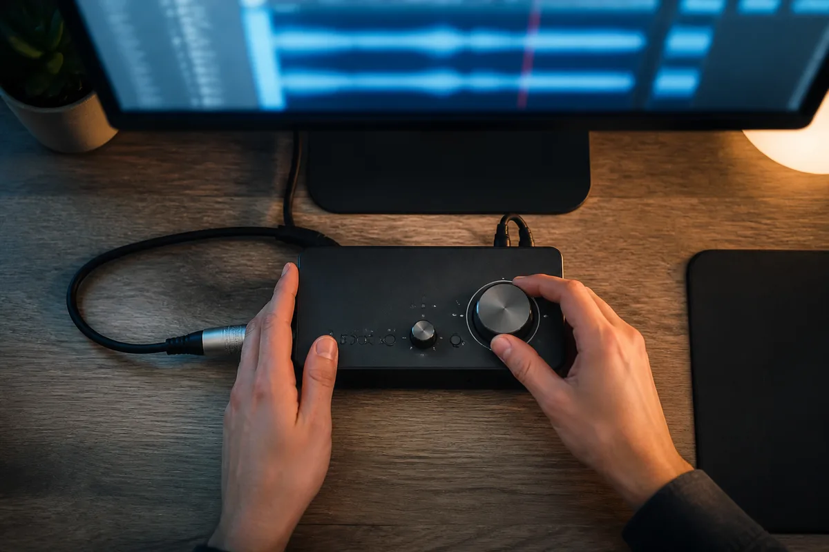 Ingenieur du son reglant le gain sur une interface audio devant un ecran de station de travail