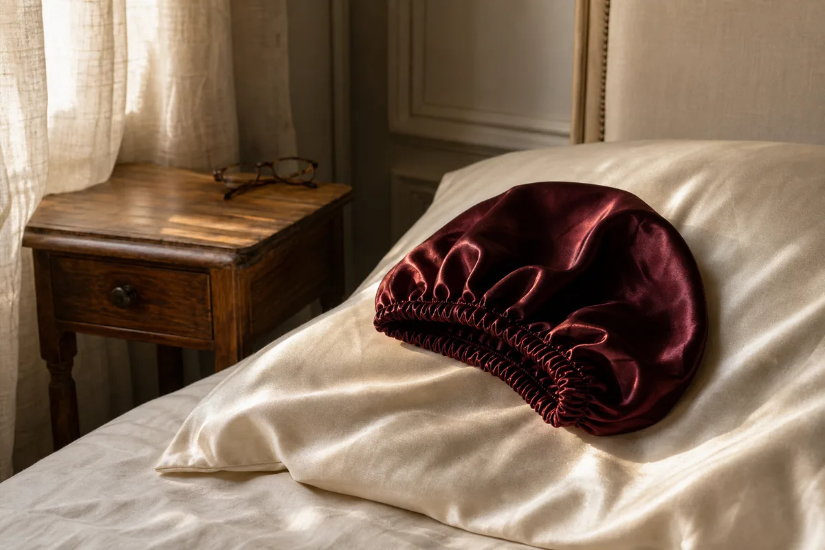 Bonnet en satin et taie d&rsquo;oreiller en soie posés sur un lit dans une chambre en fin de journée