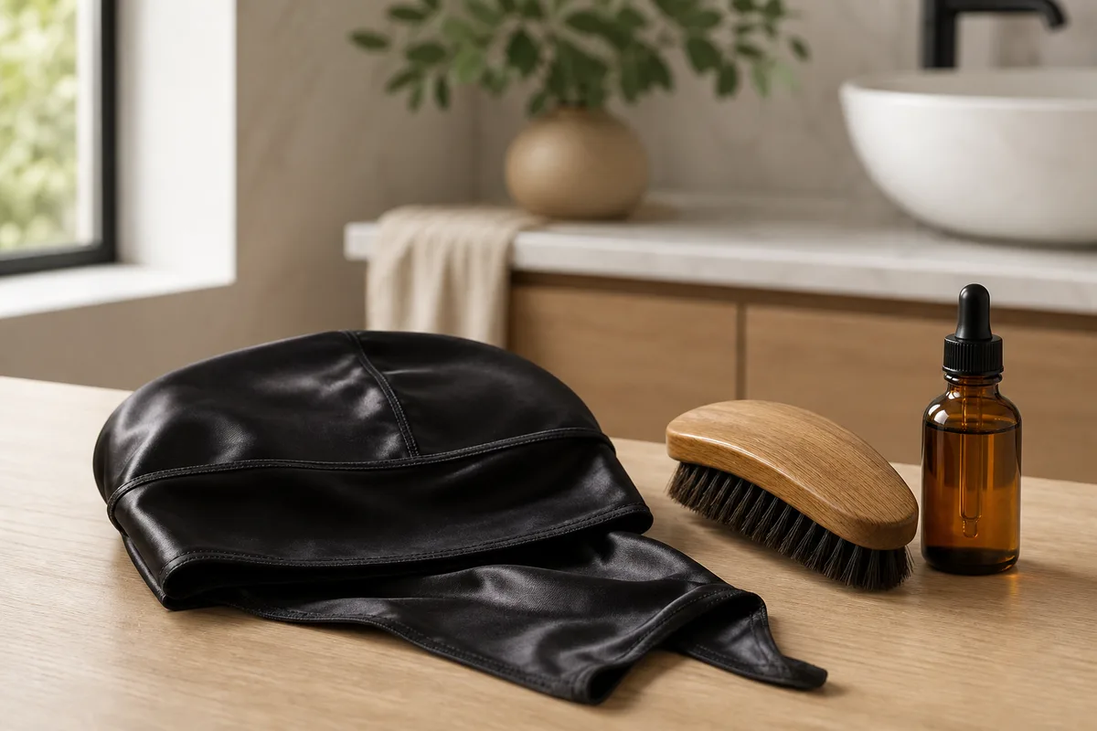 Durag en satin posé sur une table à côté d&rsquo;une brosse à cheveux et d&rsquo;un flacon d&rsquo;huile capillaire