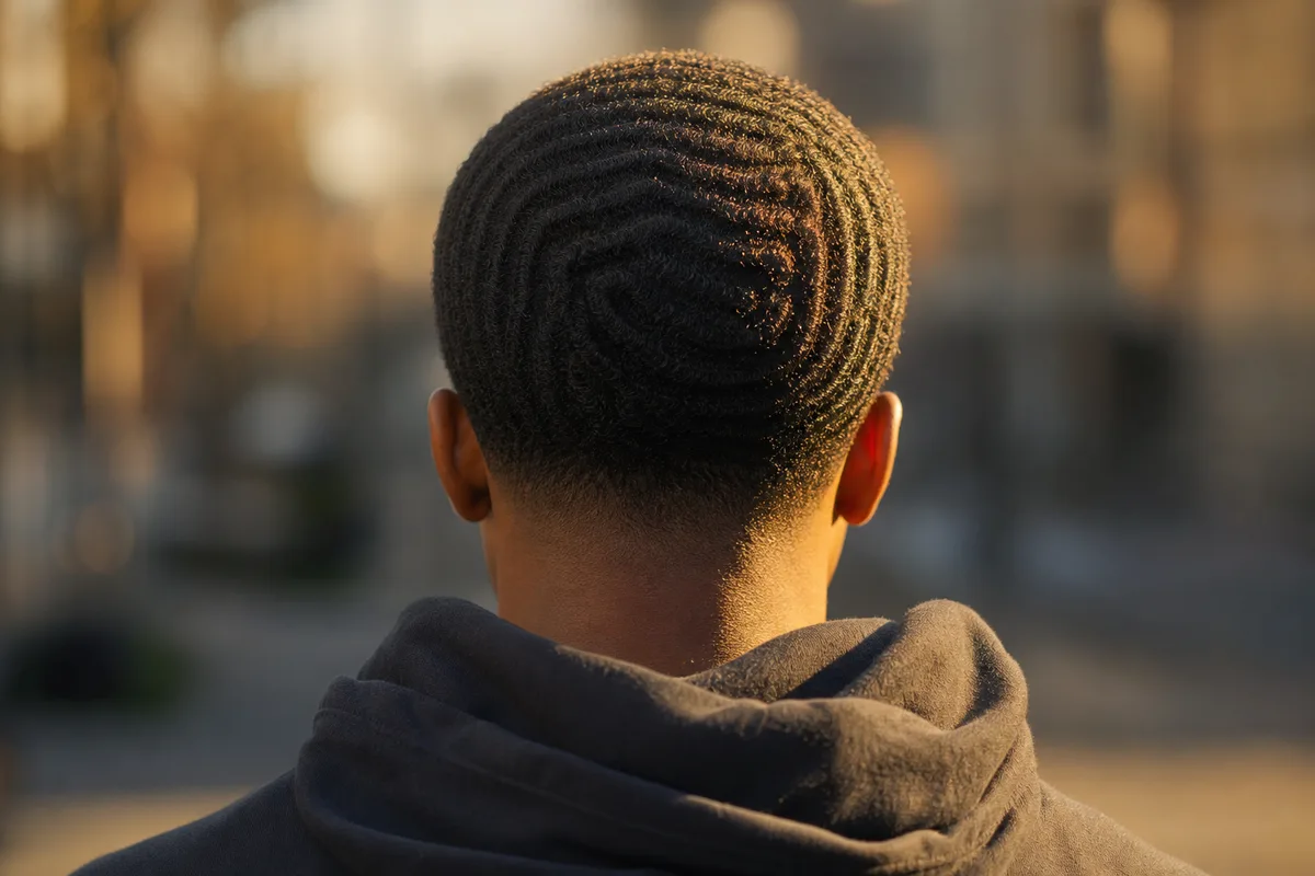 Homme de dos montrant des waves 360 nettes sur une coupe courte, lumière de fin de journée